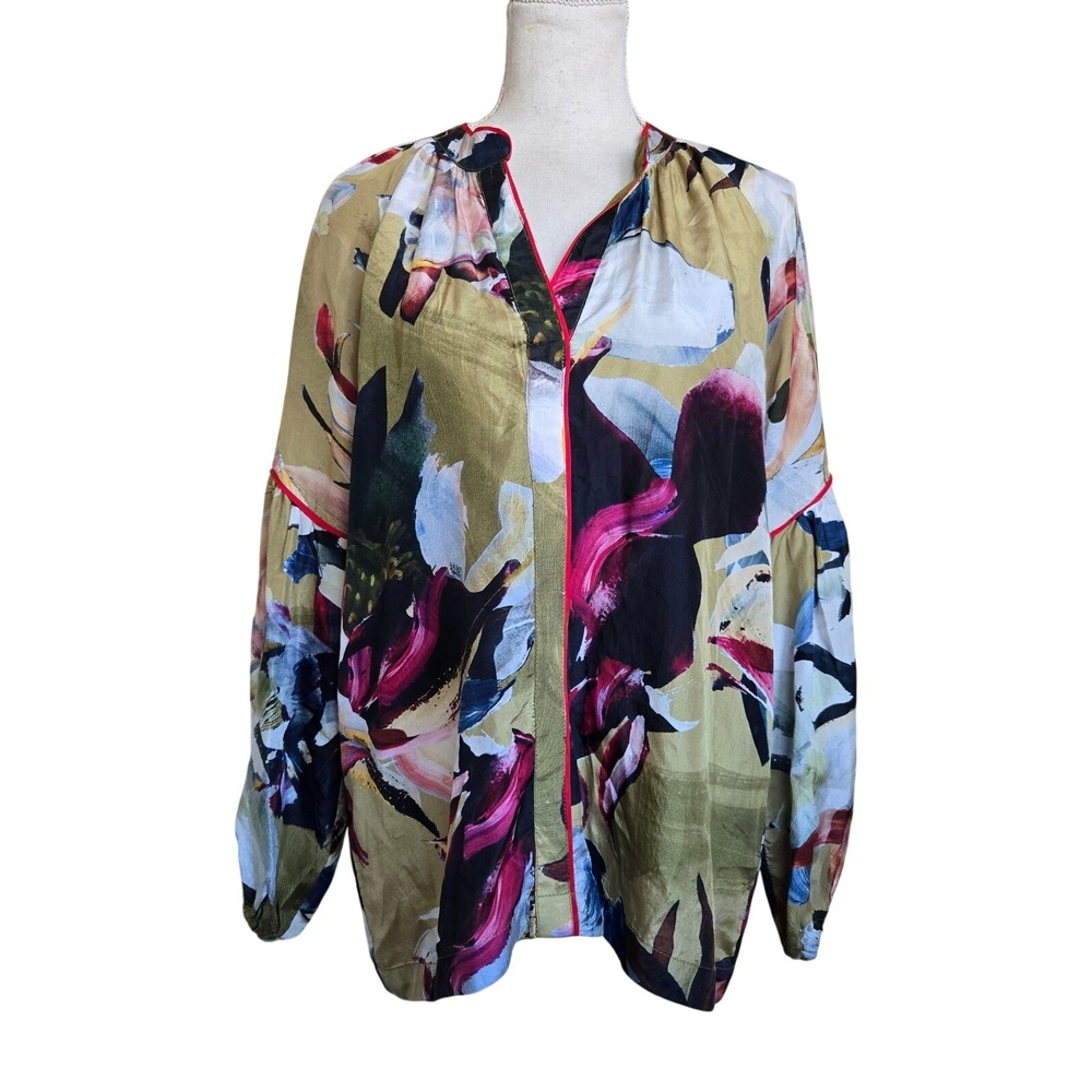 Vineet Bahl Sm Floral Silk Blouse Boho Anthropologie Style Long Sleeve Oversized
